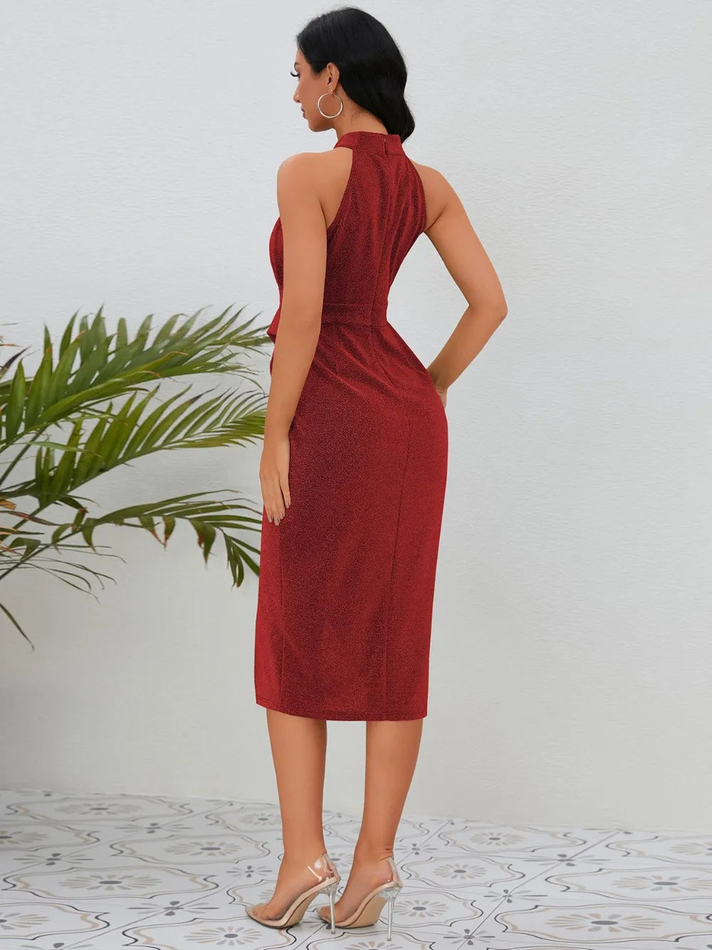 Slit Ruched Mock Neck Sleeveless Dress - Korvel