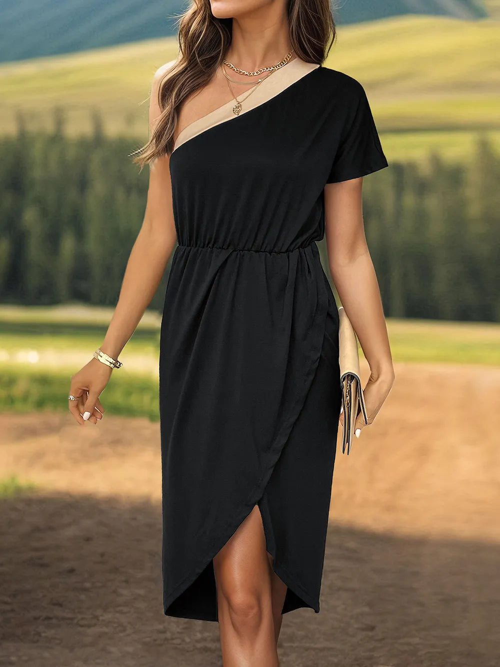 Elegant Slit Single Shoulder Midi Dress