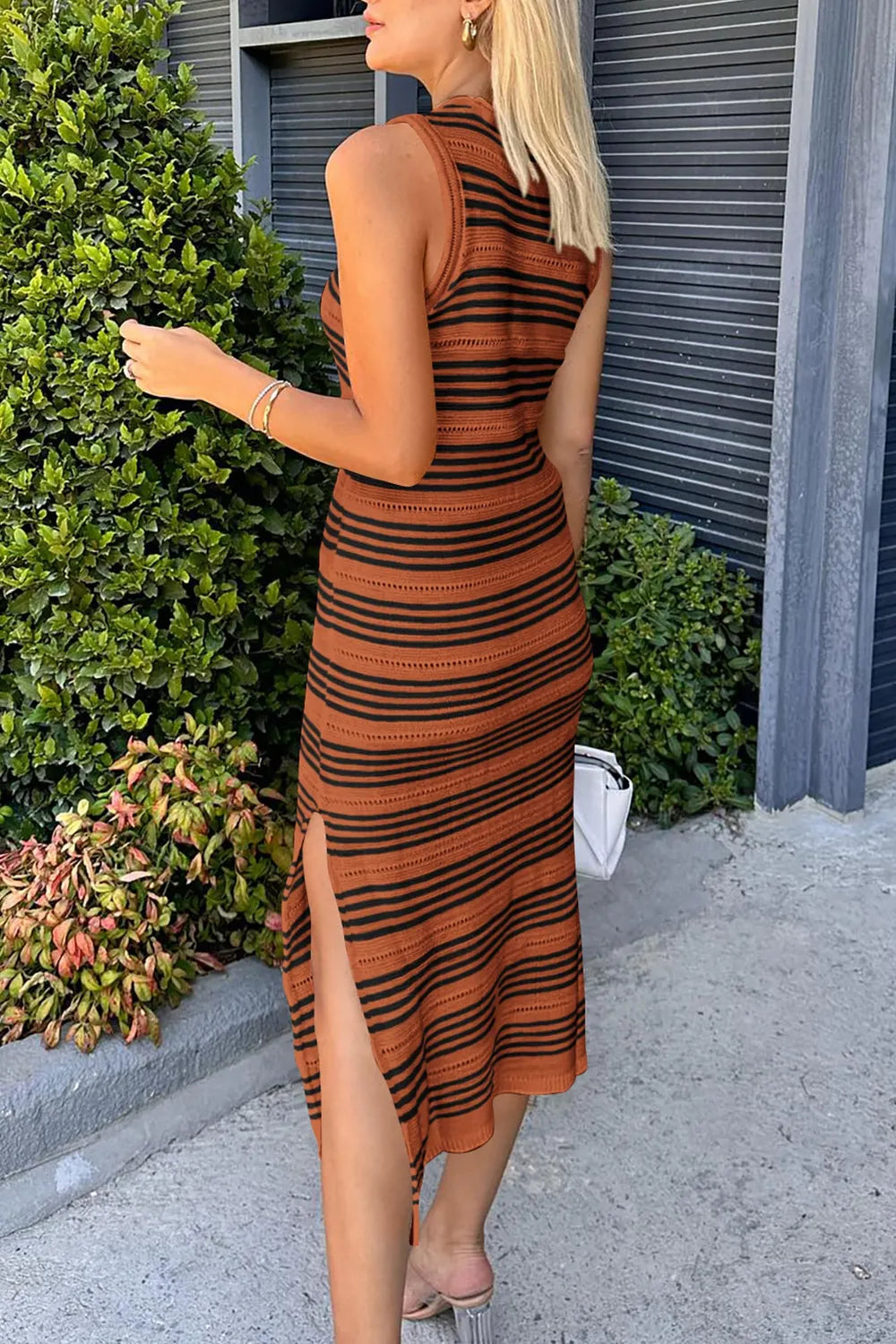 Slit Striped Round Neck Sleeveless Midi Dress - Korvel