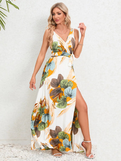 Slit Tied Printed Surplice Dress - Korvel