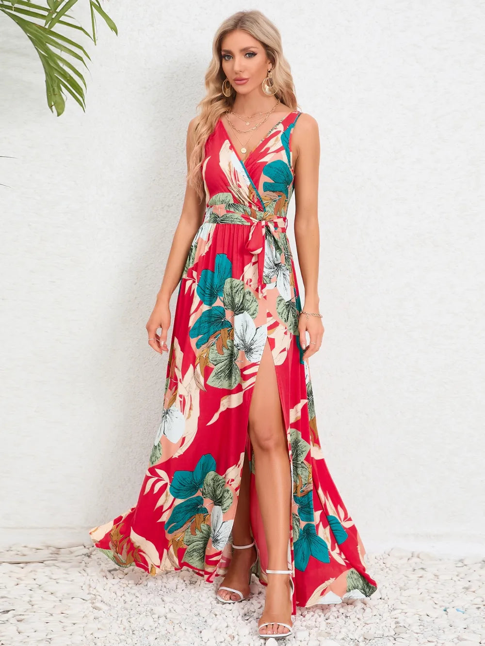 Slit Tied Printed Surplice Dress - Korvel