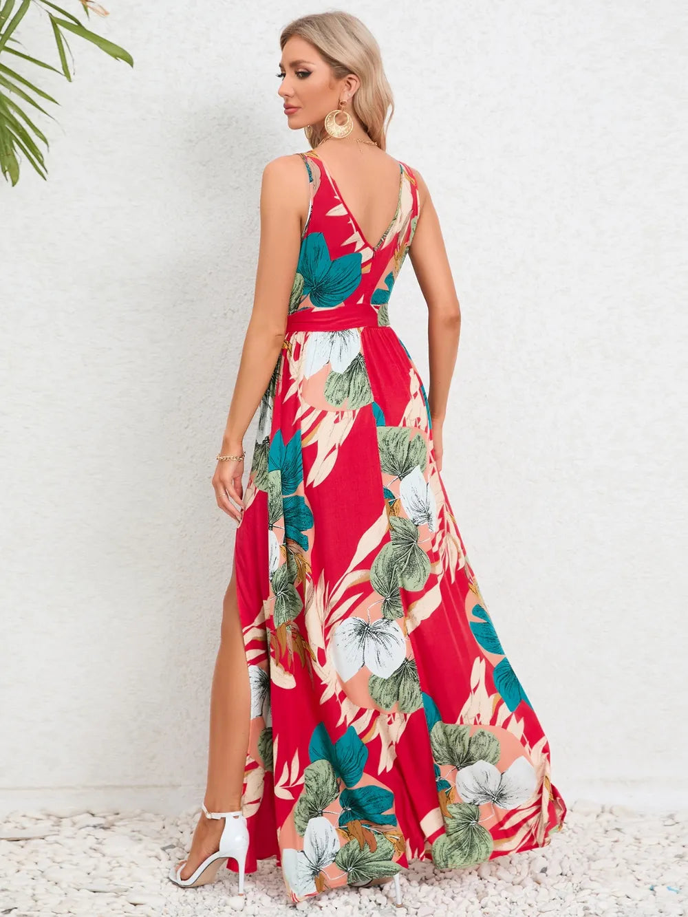 Slit Tied Printed Surplice Dress - Korvel
