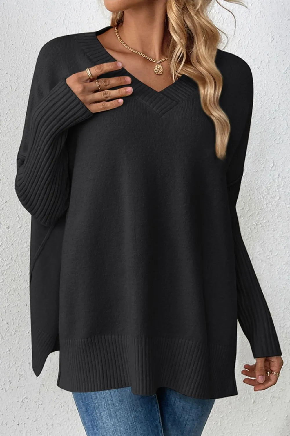 Slit V-Neck Dropped Shoulder Sweater - Korvel