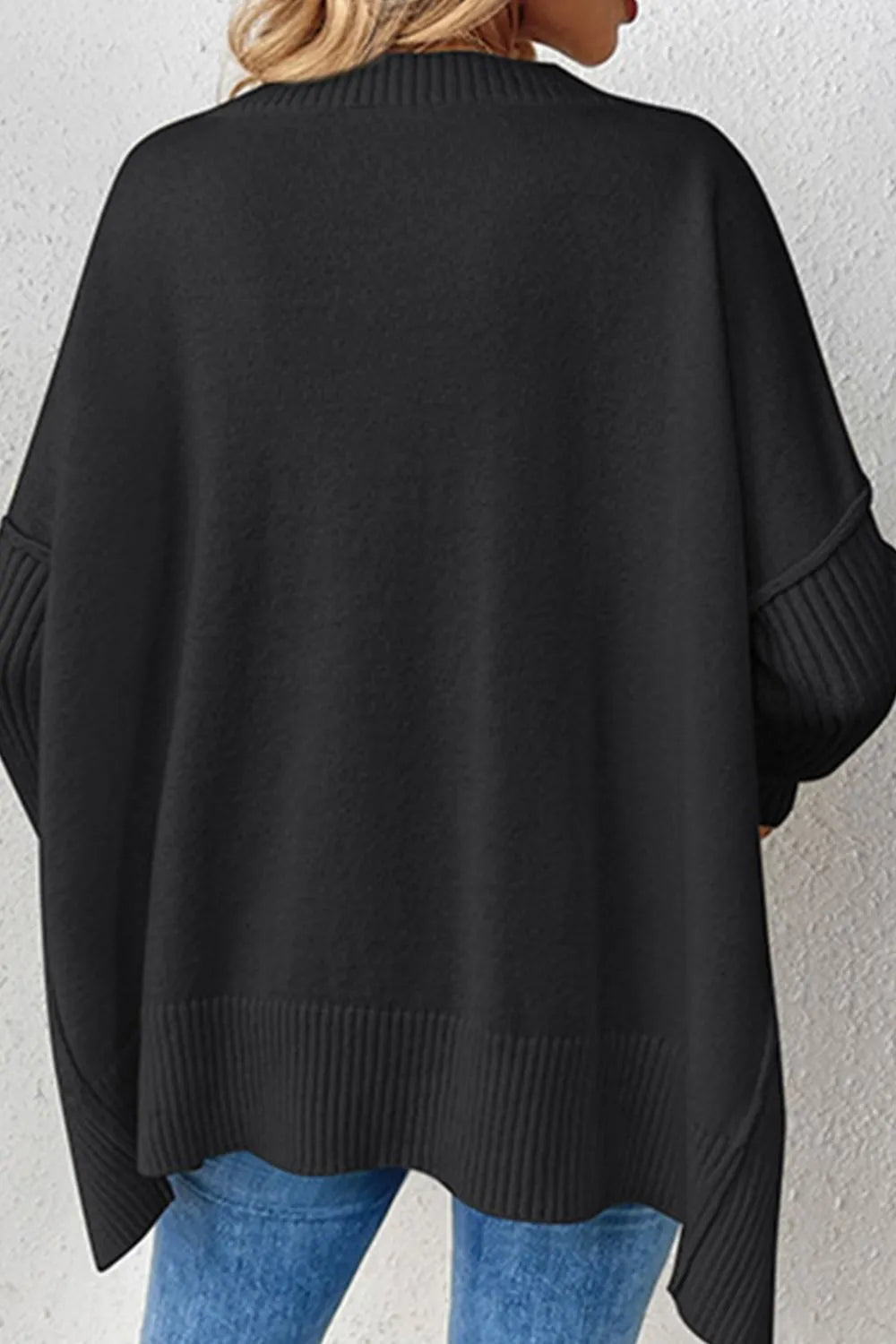 Slit V-Neck Dropped Shoulder Sweater - Korvel