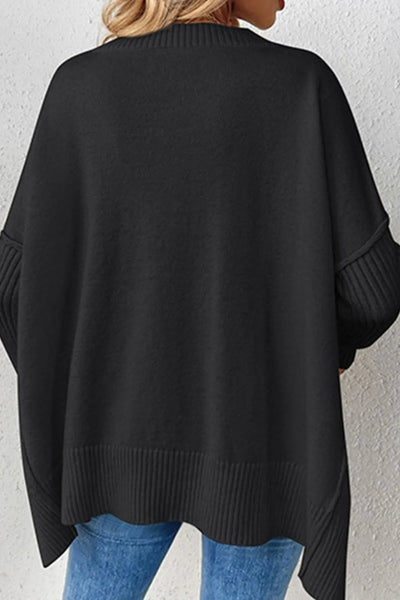 Slit V-Neck Dropped Shoulder Sweater - Korvel