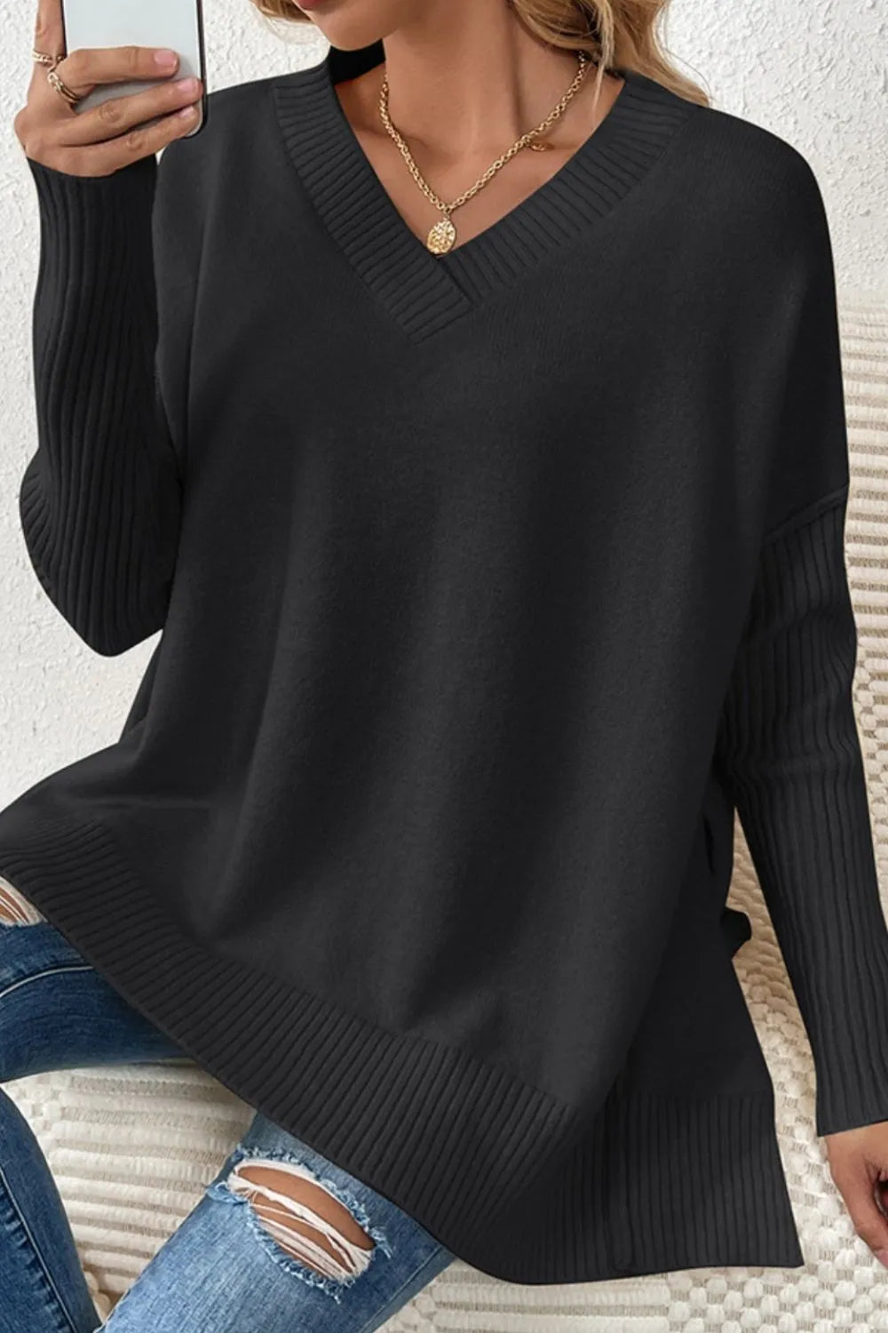 Slit V-Neck Dropped Shoulder Sweater - Korvel