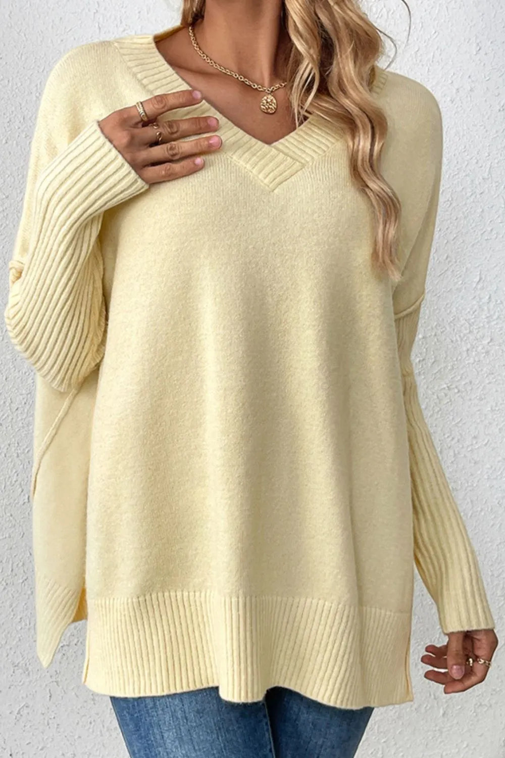 Slit V-Neck Dropped Shoulder Sweater - Korvel