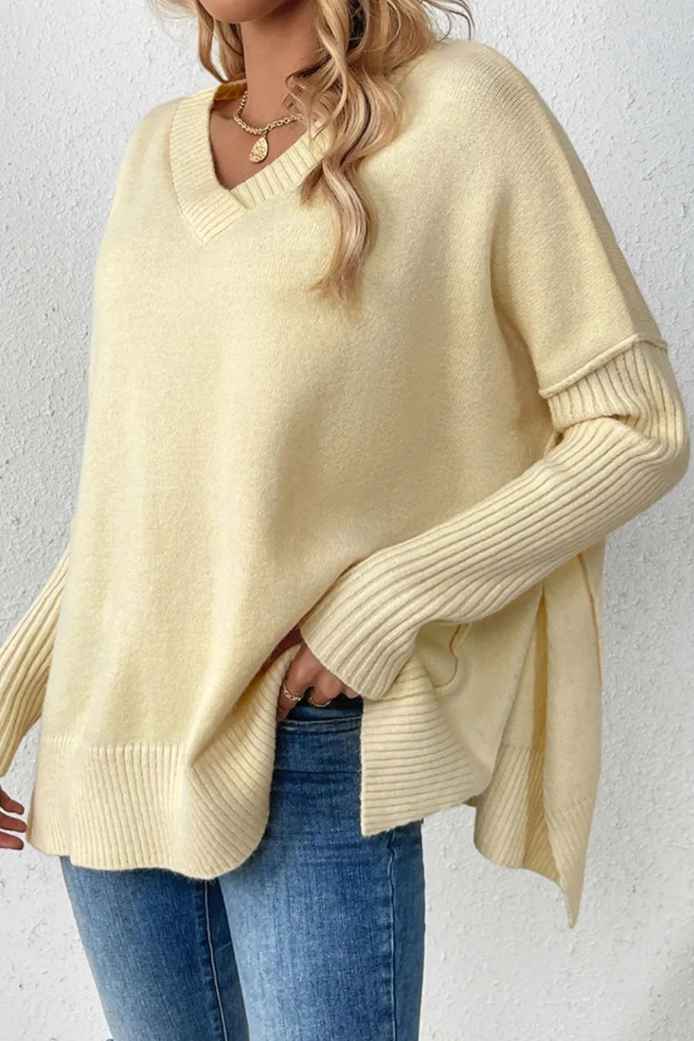 Slit V-Neck Dropped Shoulder Sweater - Korvel