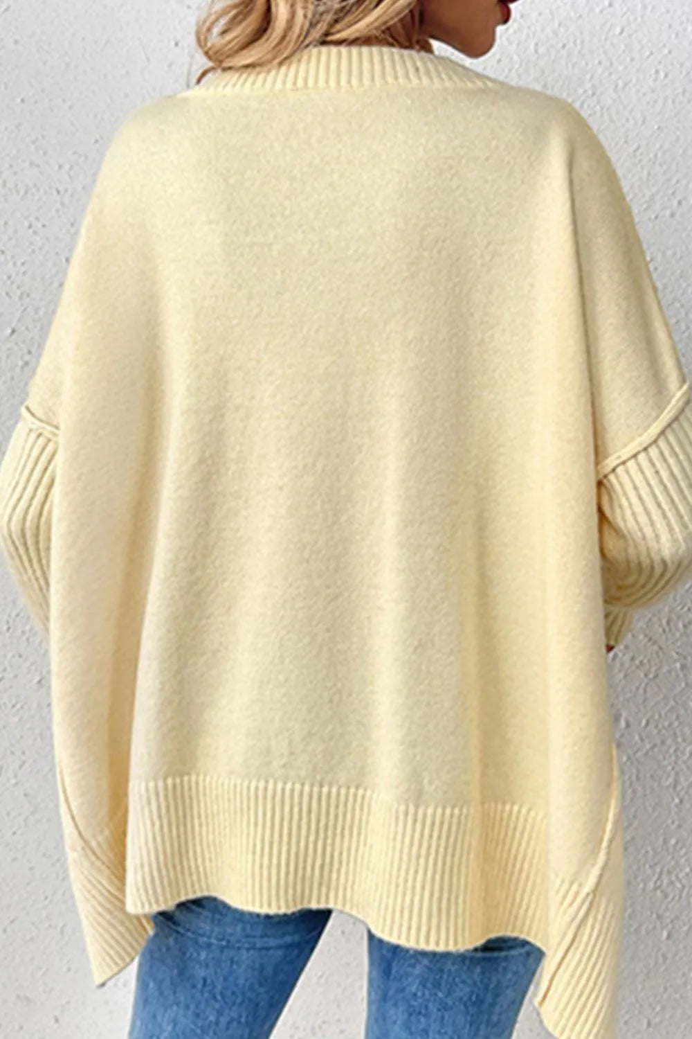 Slit V-Neck Dropped Shoulder Sweater - Korvel
