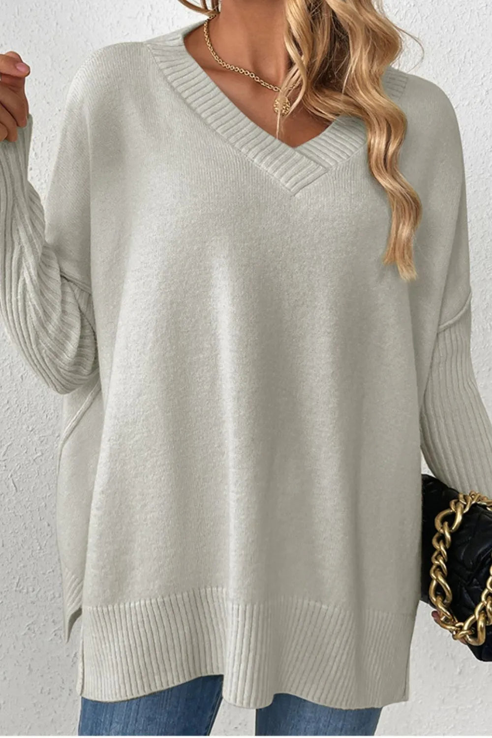 Slit V-Neck Dropped Shoulder Sweater - Korvel