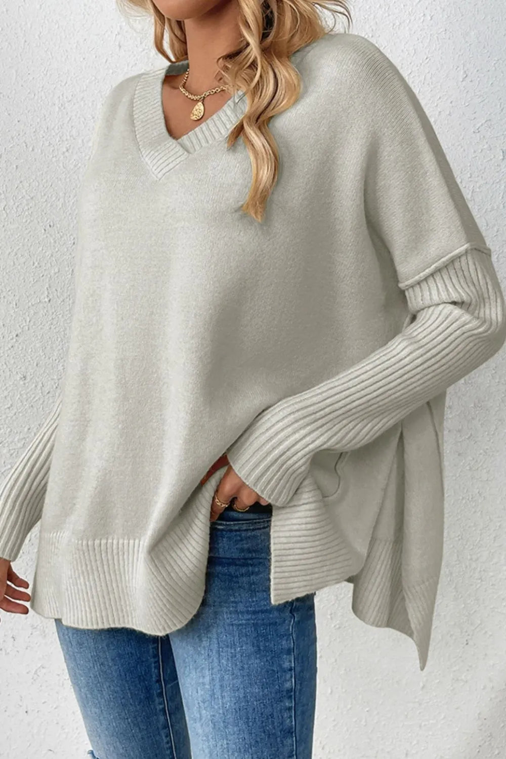 Slit V-Neck Dropped Shoulder Sweater - Korvel