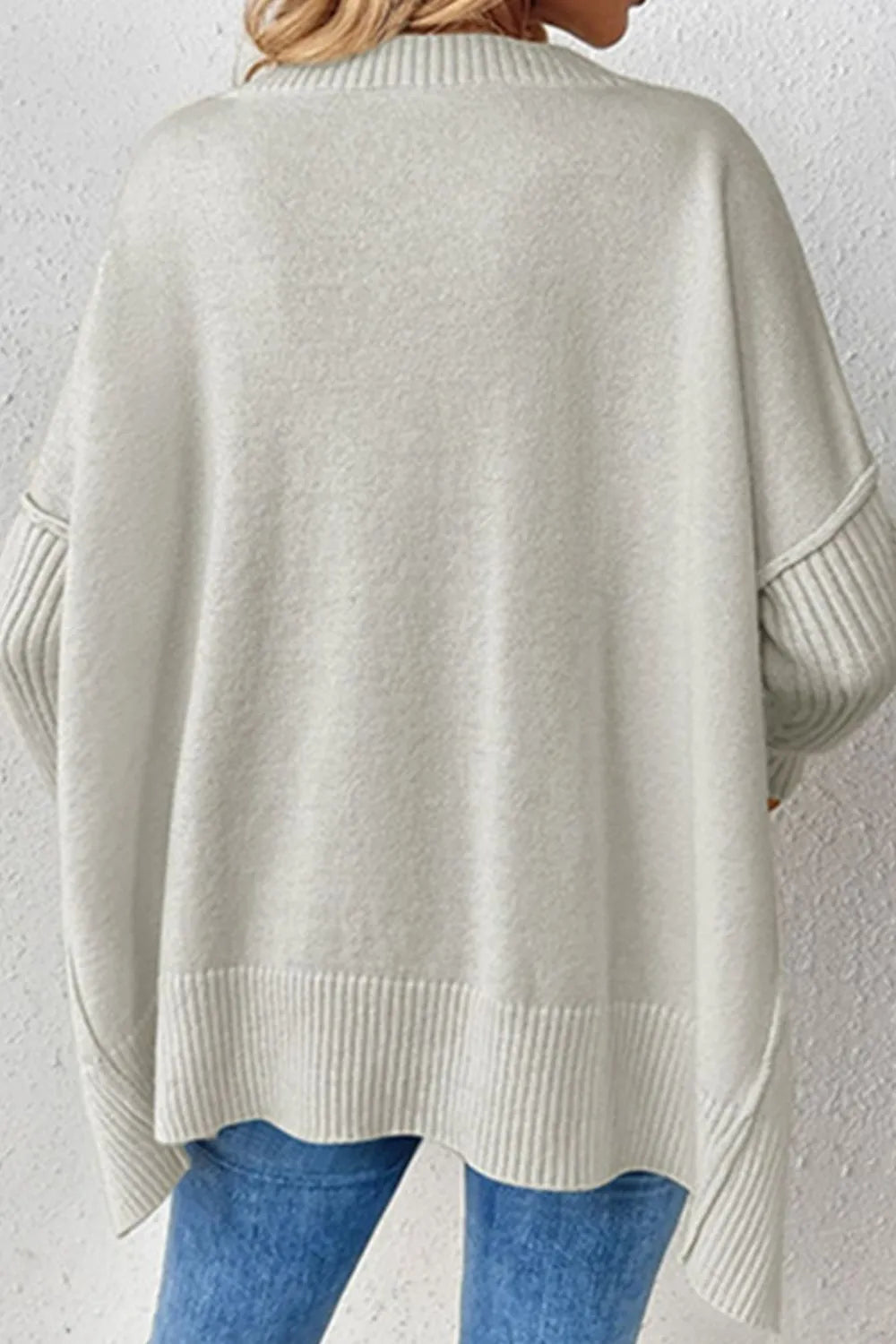 Slit V-Neck Dropped Shoulder Sweater - Korvel