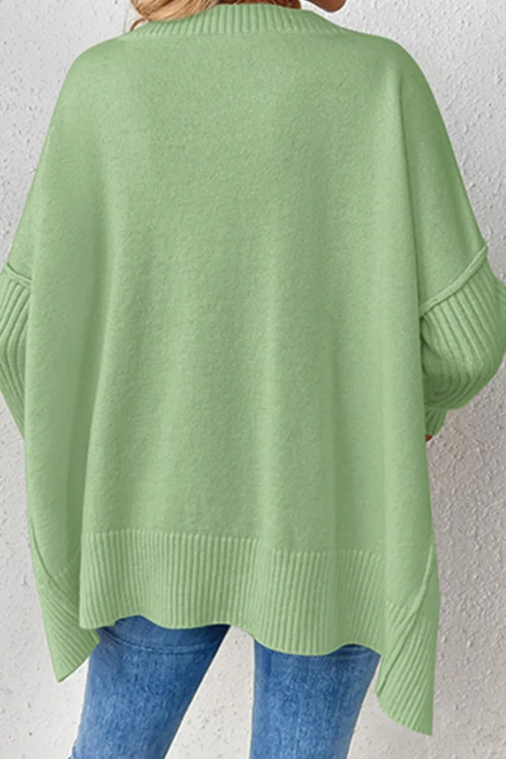 Slit V-Neck Dropped Shoulder Sweater - Korvel