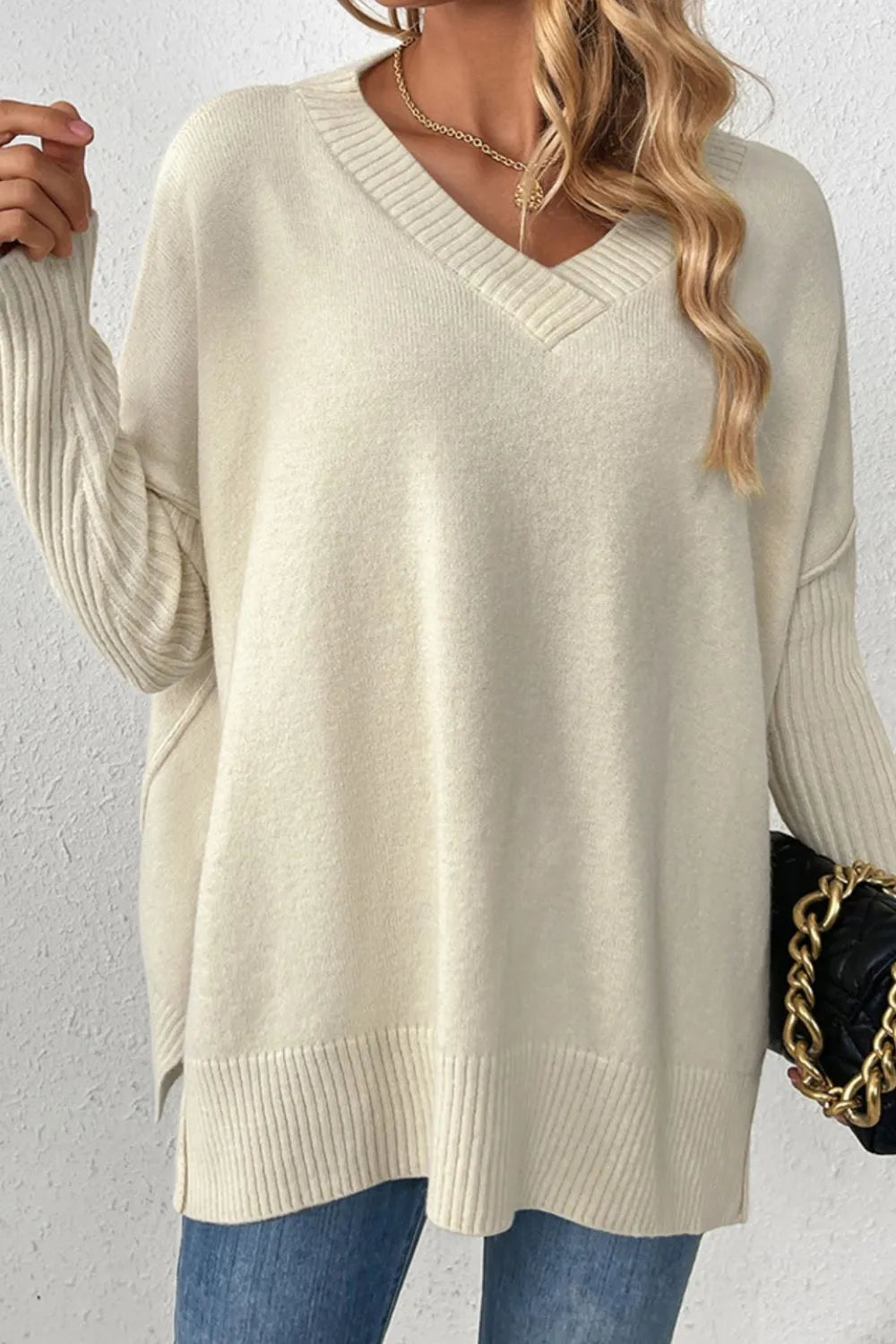 Slit V-Neck Dropped Shoulder Sweater - Korvel