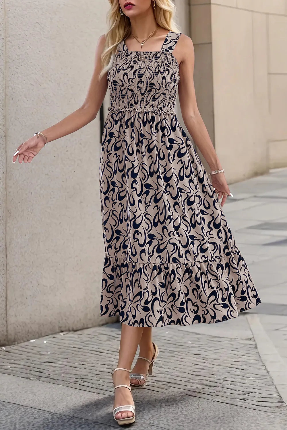 Smocked Printed Wide Strap Dress - Korvel