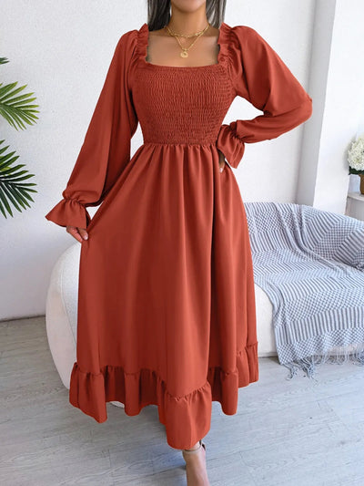 Smocked Square Neck Flounce Sleeve Dress - Korvel