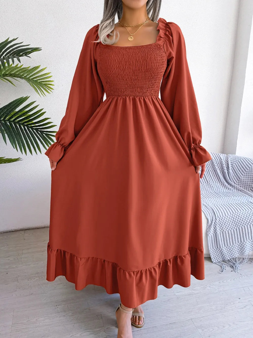 Smocked Square Neck Flounce Sleeve Dress - Korvel