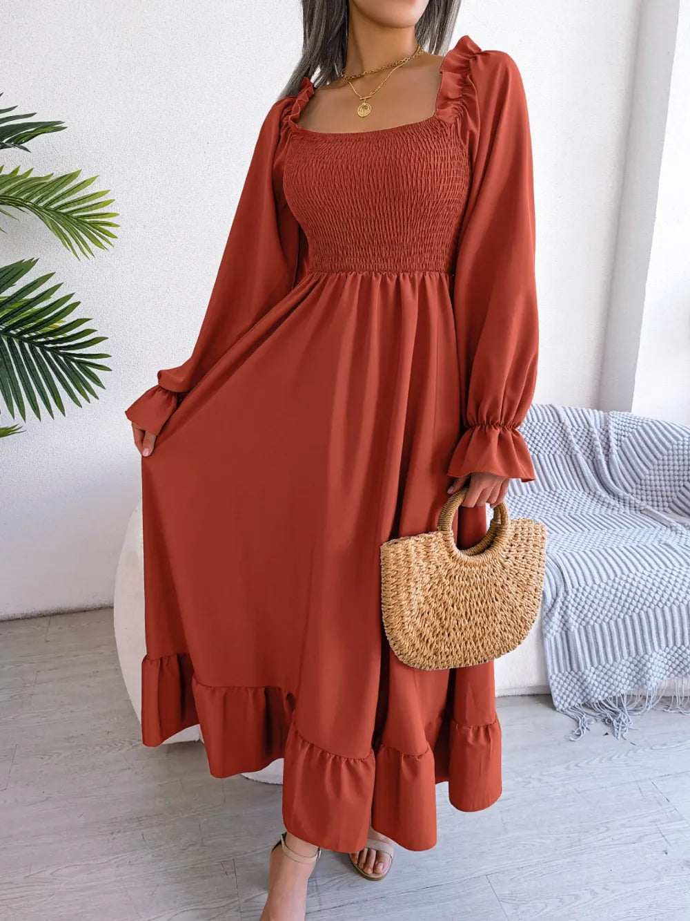 Smocked Square Neck Flounce Sleeve Dress - Korvel