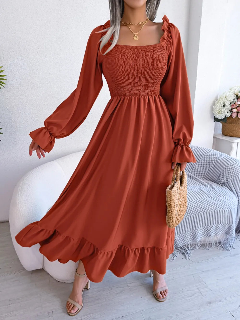 Smocked Square Neck Flounce Sleeve Dress - Korvel