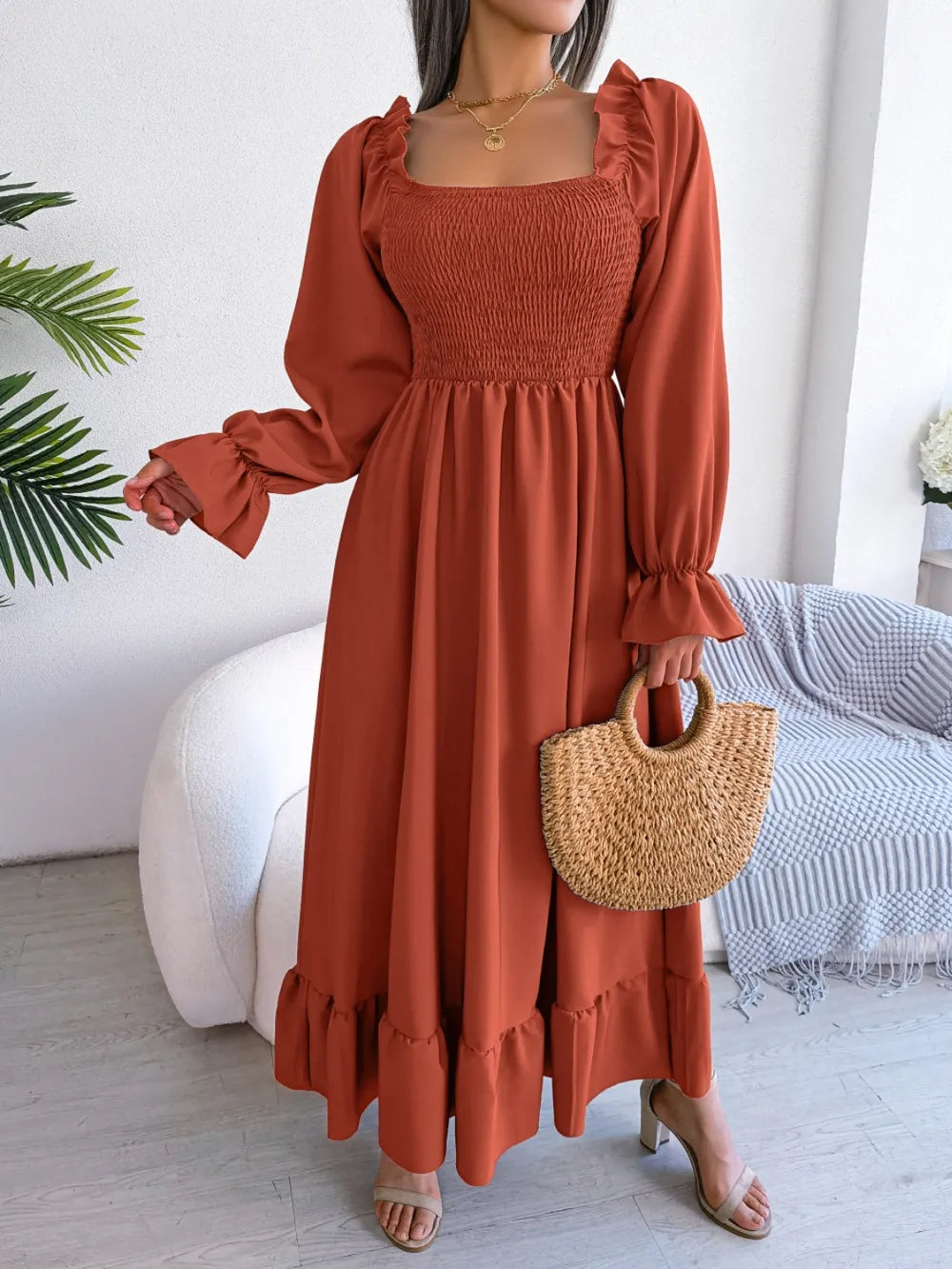 Smocked Square Neck Flounce Sleeve Dress - Korvel