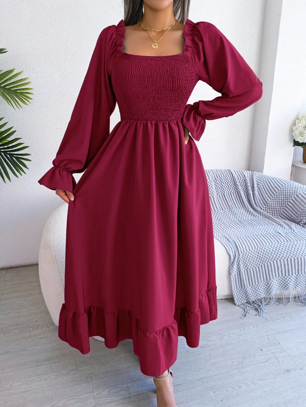 Smocked Square Neck Flounce Sleeve Dress - Korvel