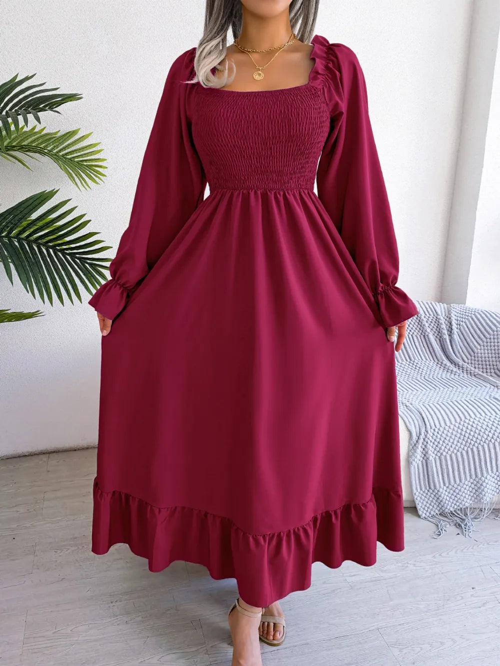 Smocked Square Neck Flounce Sleeve Dress - Korvel