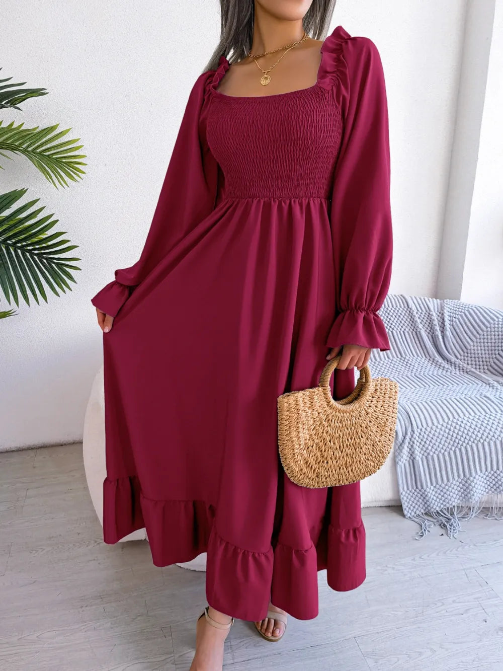Smocked Square Neck Flounce Sleeve Dress - Korvel