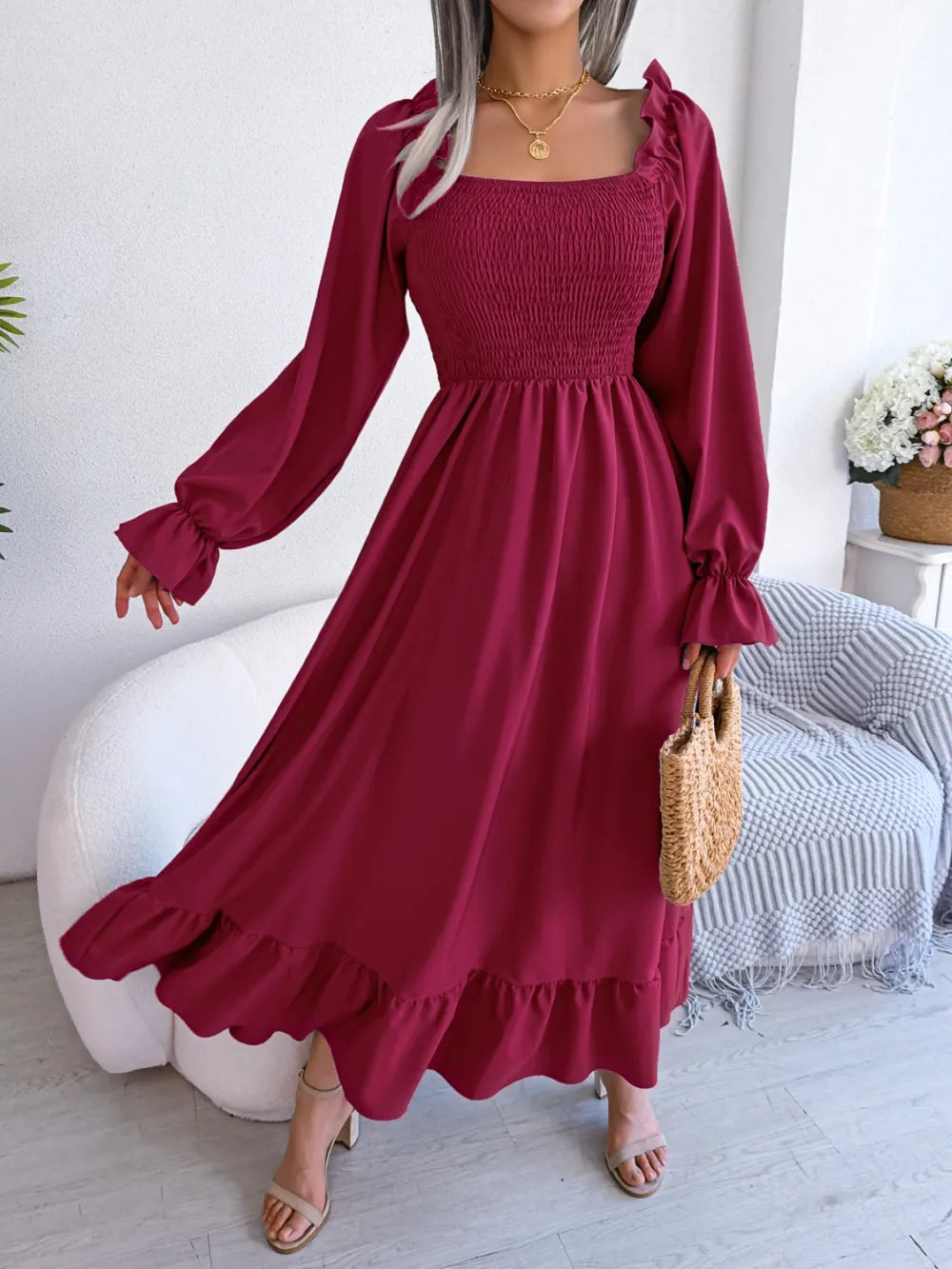 Smocked Square Neck Flounce Sleeve Dress - Korvel