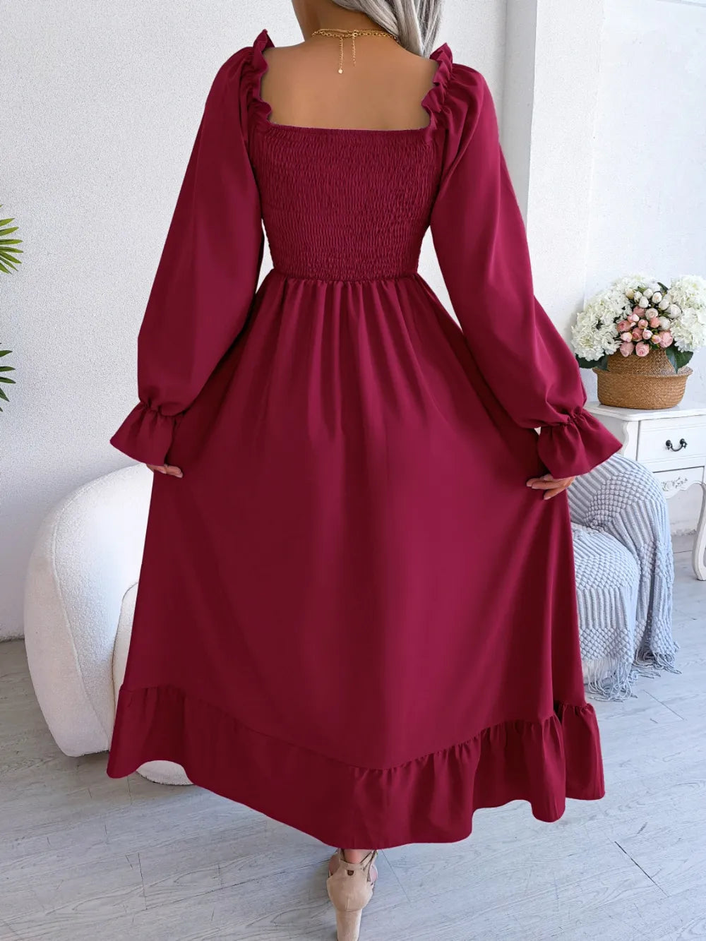 Smocked Square Neck Flounce Sleeve Dress - Korvel