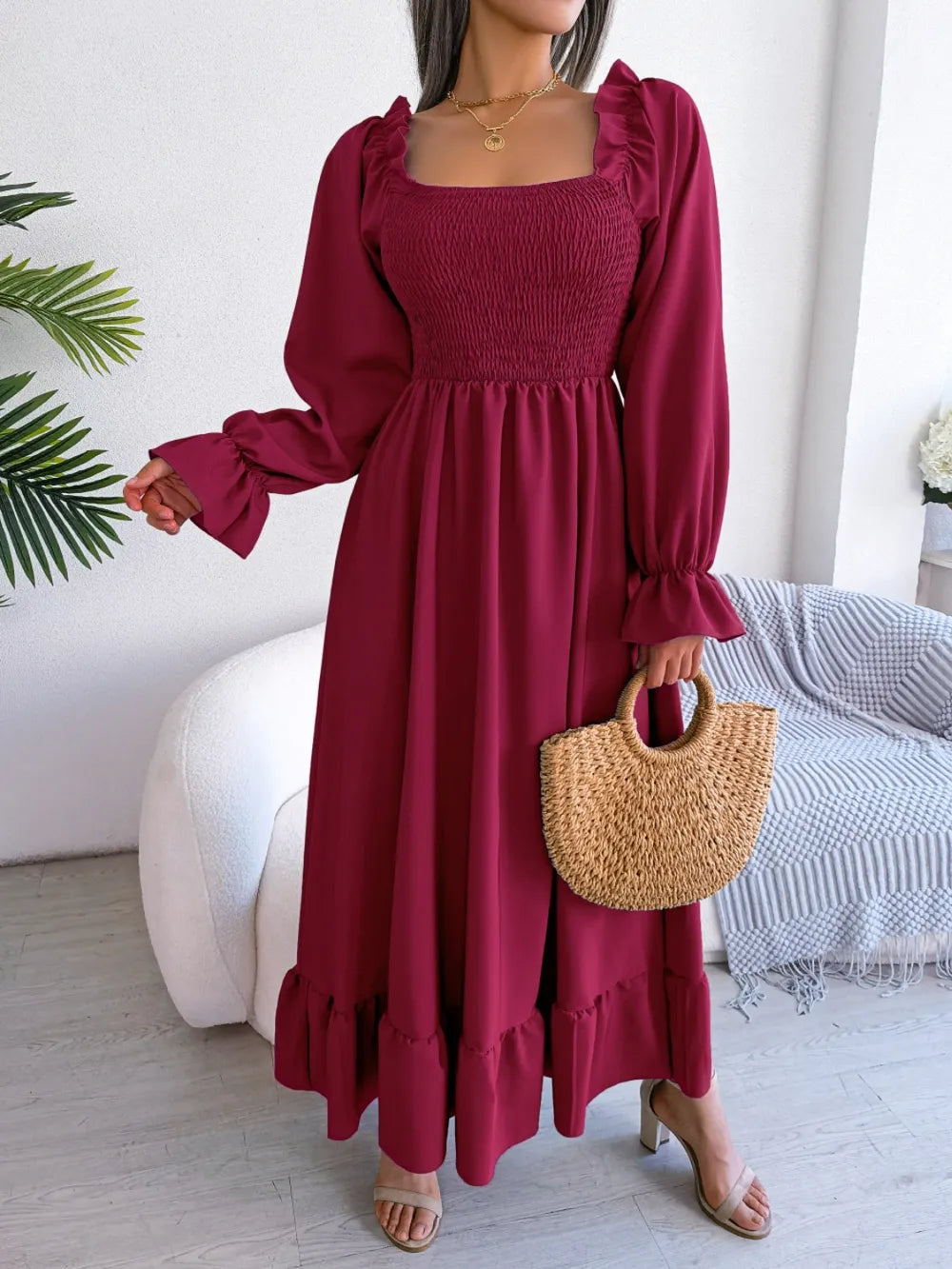 Smocked Square Neck Flounce Sleeve Dress - Korvel