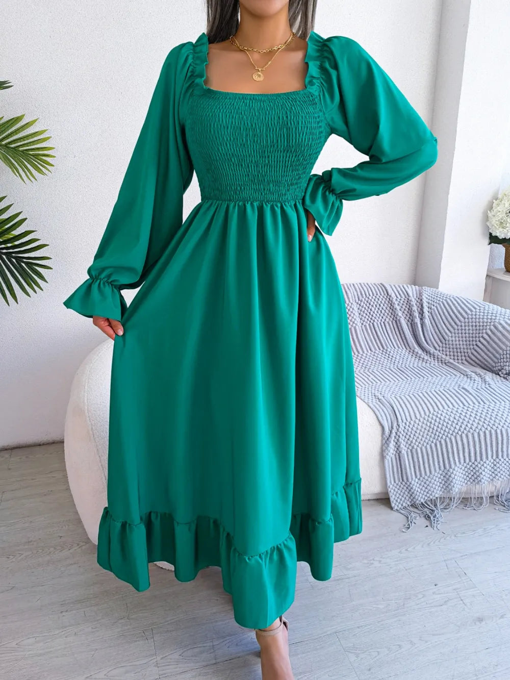 Smocked Square Neck Flounce Sleeve Dress - Korvel