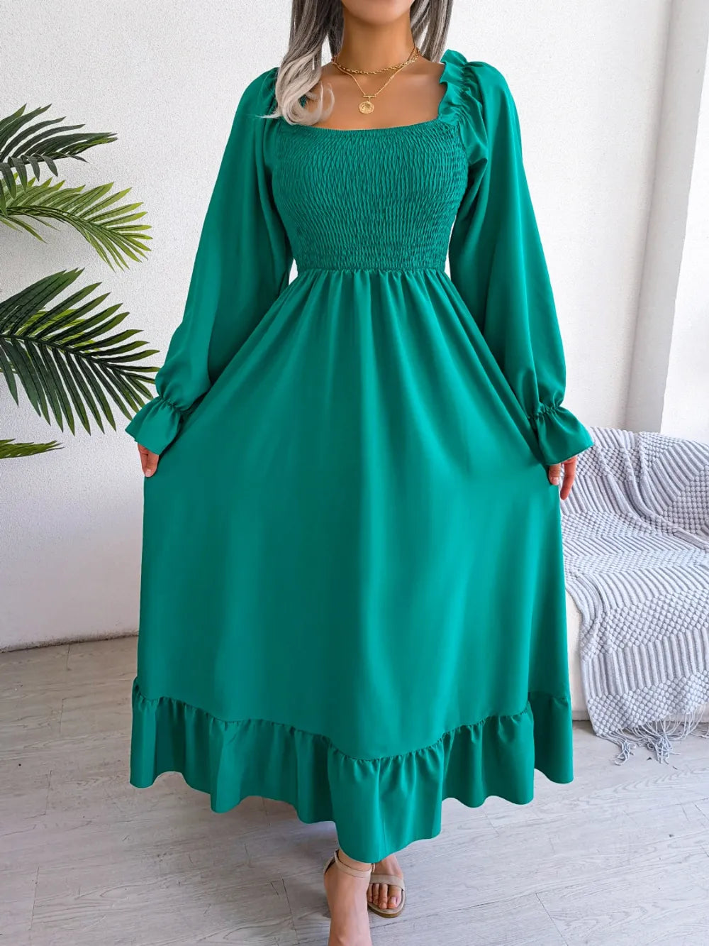 Smocked Square Neck Flounce Sleeve Dress - Korvel