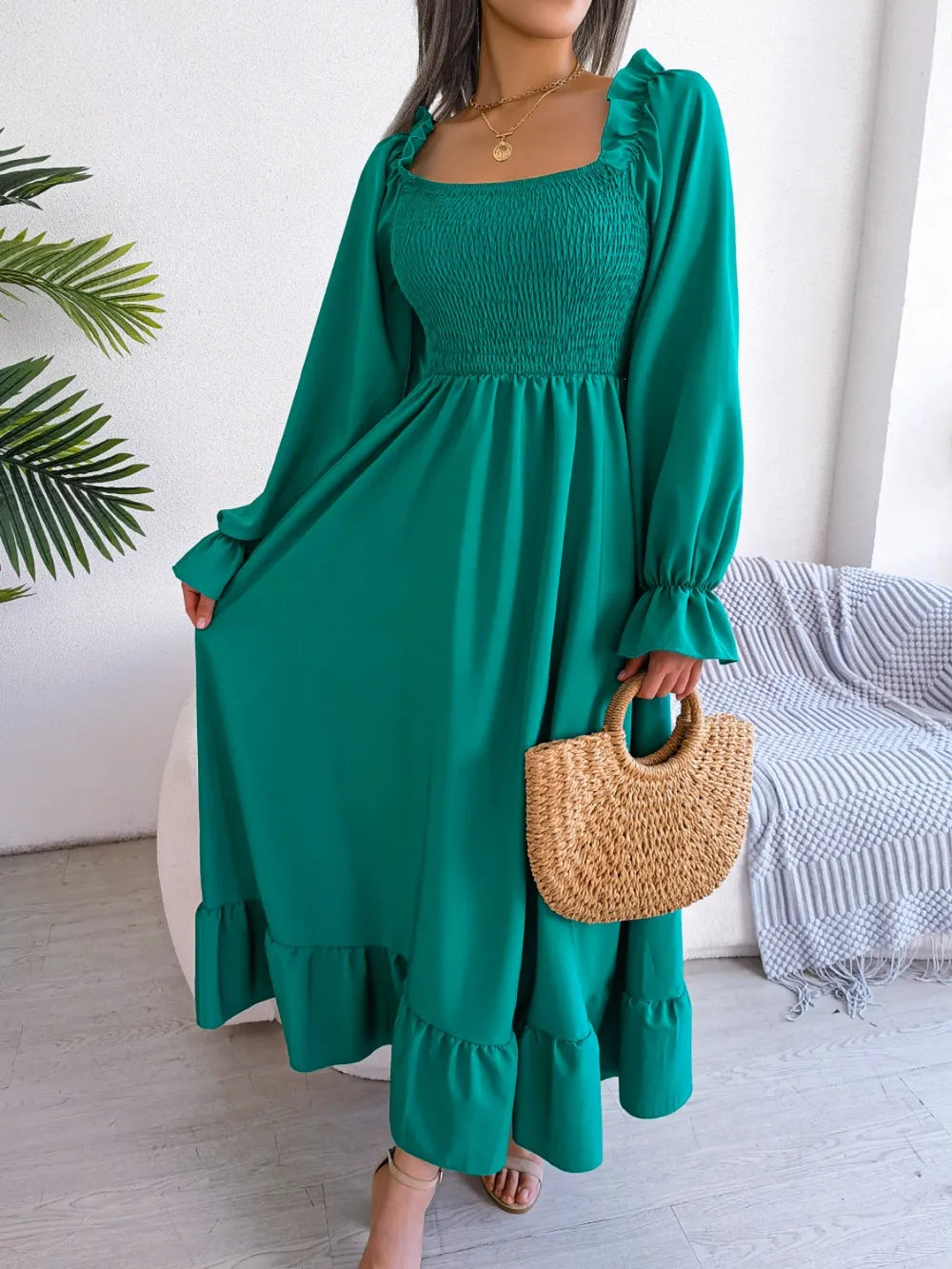 Smocked Square Neck Flounce Sleeve Dress - Korvel