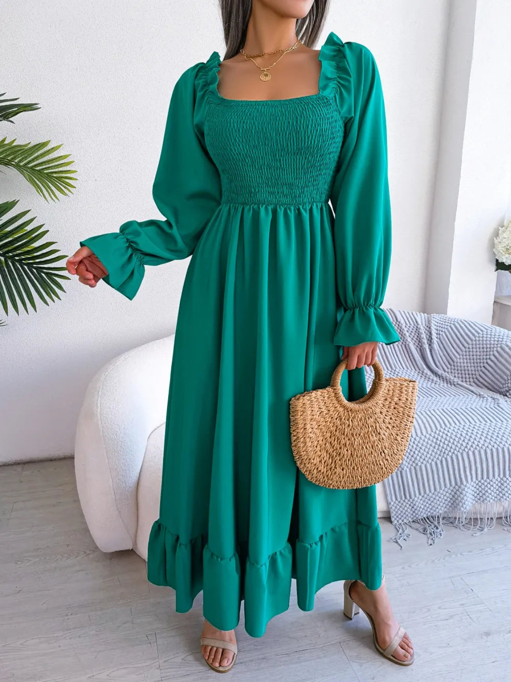 Smocked Square Neck Flounce Sleeve Dress - Korvel
