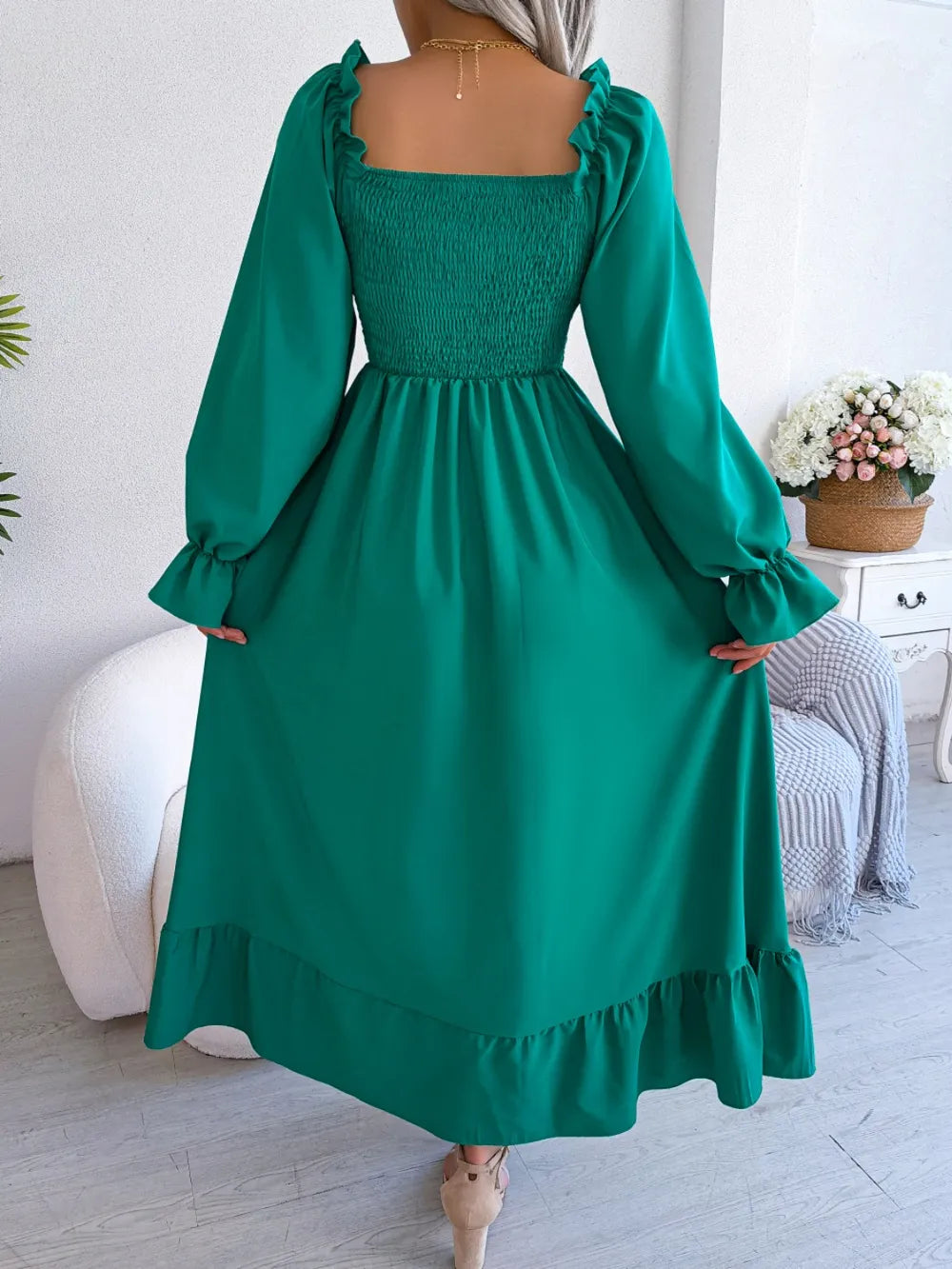 Smocked Square Neck Flounce Sleeve Dress - Korvel