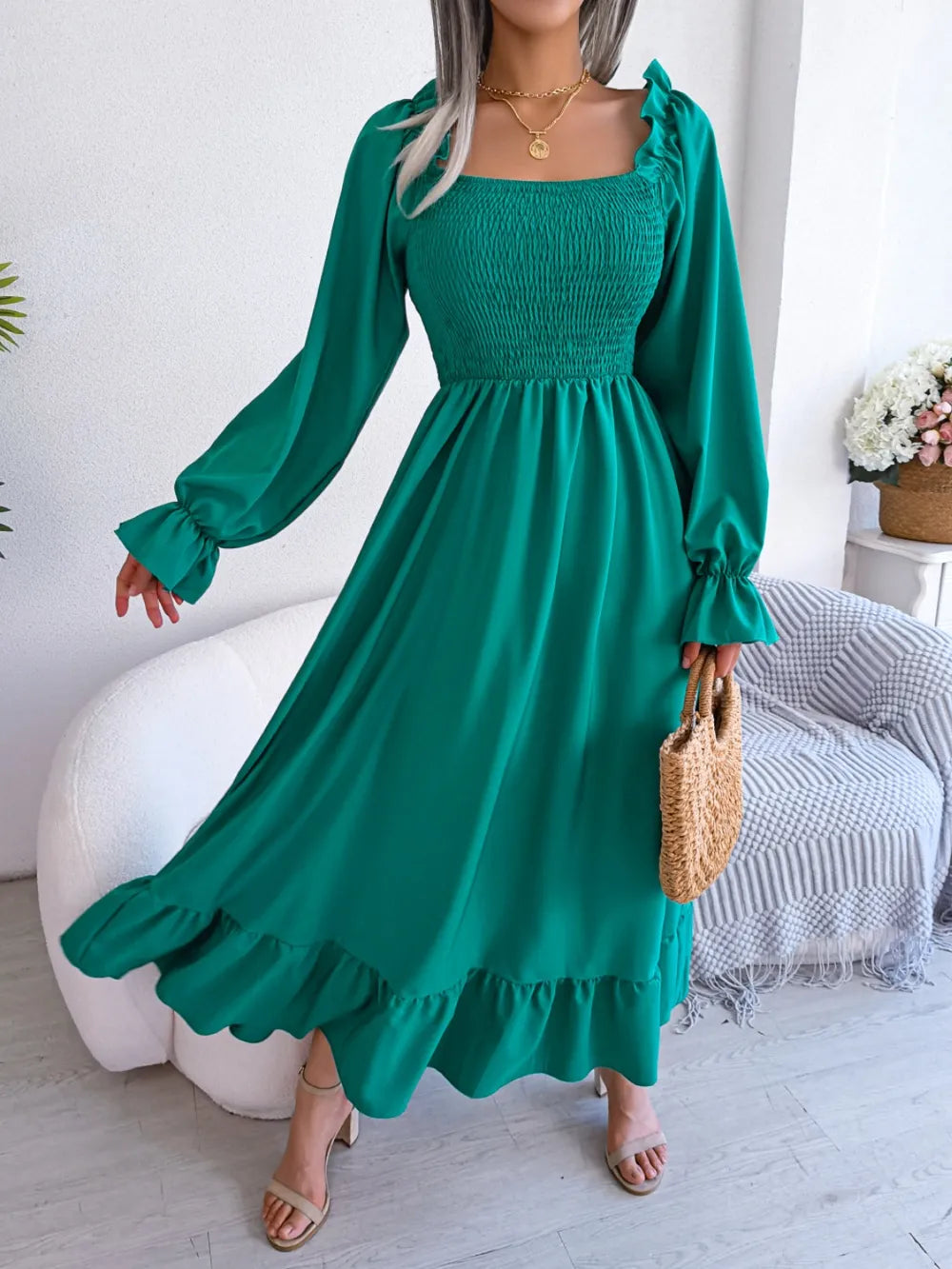Smocked Square Neck Flounce Sleeve Dress - Korvel