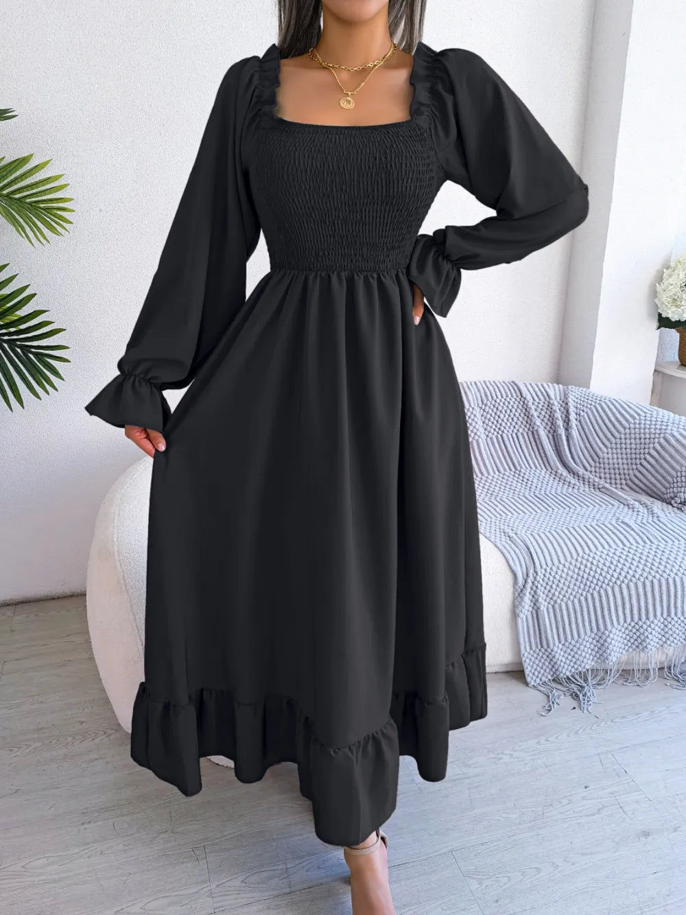 Smocked Square Neck Flounce Sleeve Dress - Korvel