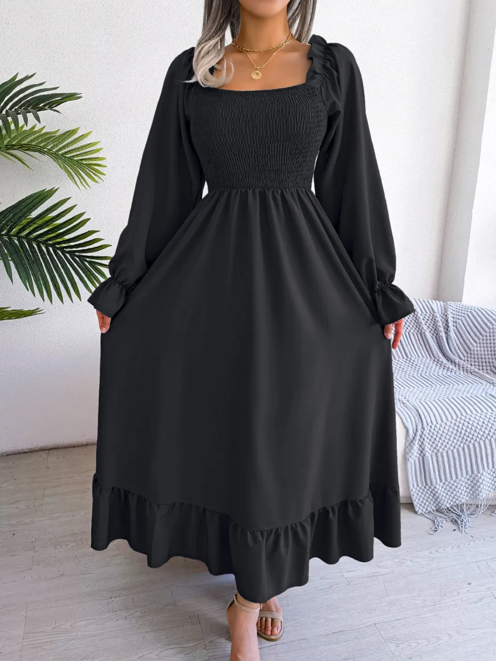 Smocked Square Neck Flounce Sleeve Dress - Korvel