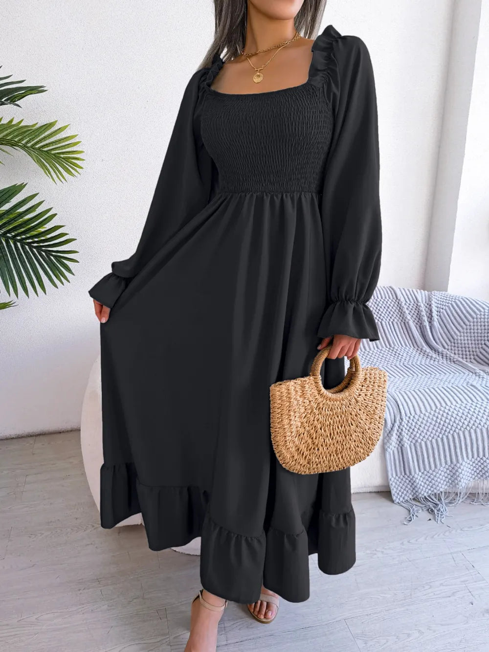 Smocked Square Neck Flounce Sleeve Dress - Korvel