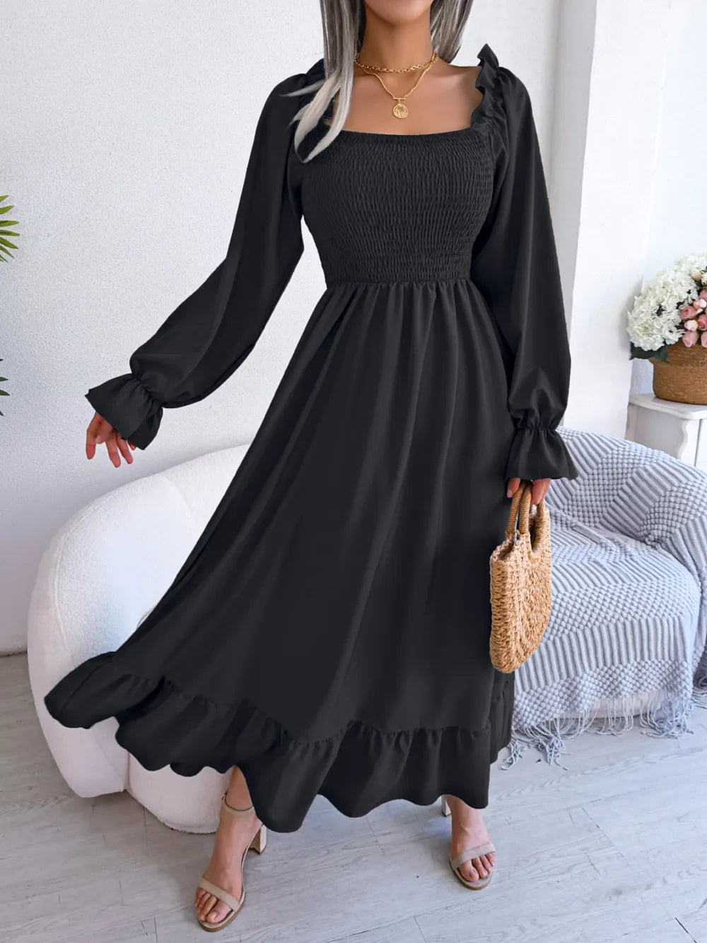 Smocked Square Neck Flounce Sleeve Dress - Korvel