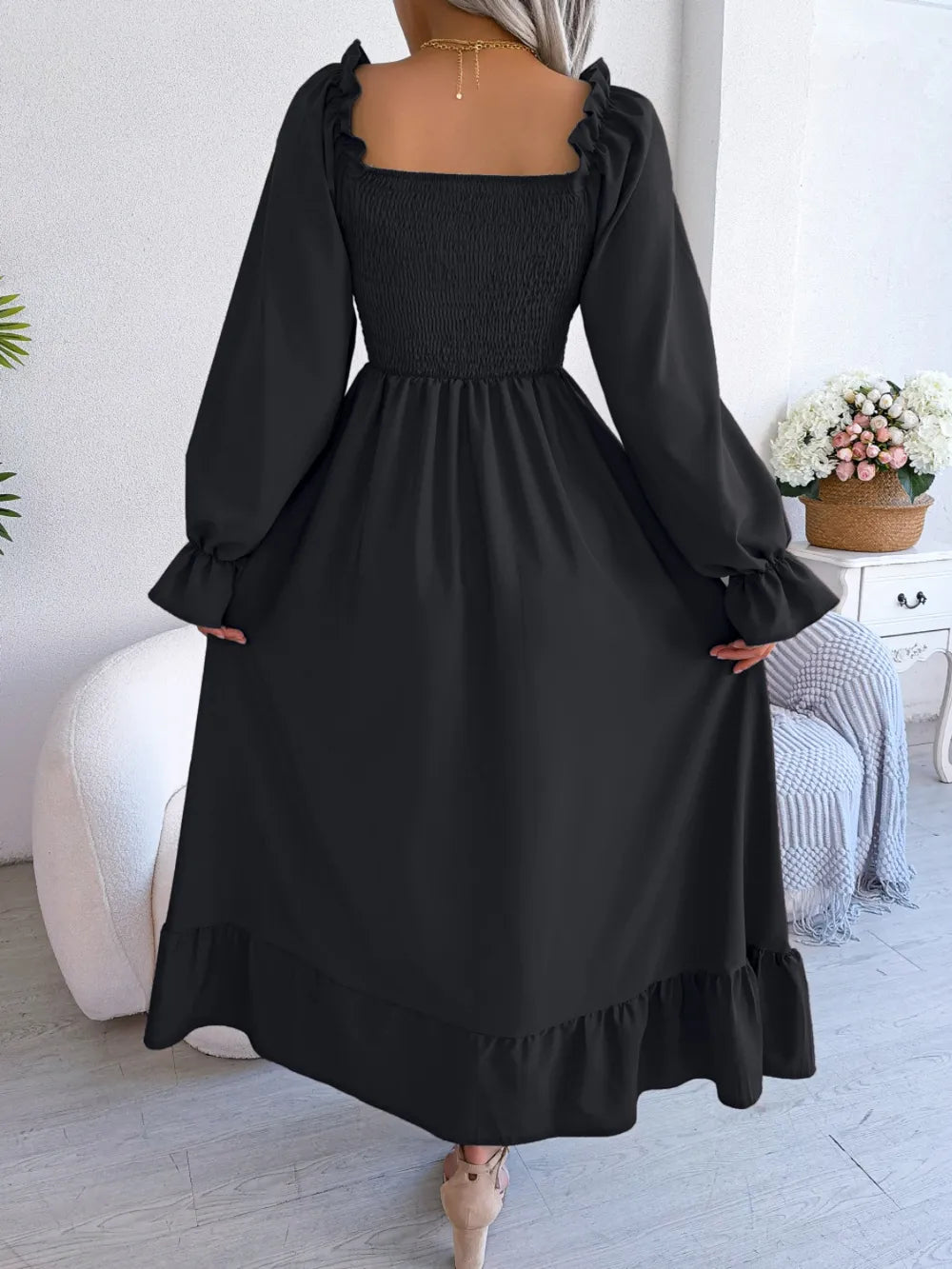 Smocked Square Neck Flounce Sleeve Dress - Korvel