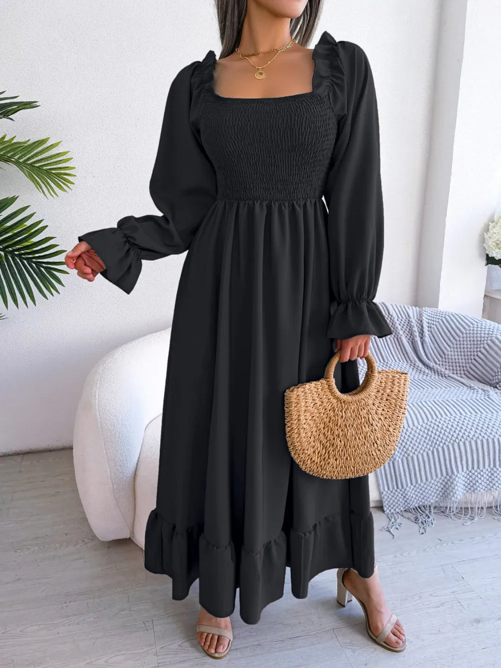 Smocked Square Neck Flounce Sleeve Dress - Korvel