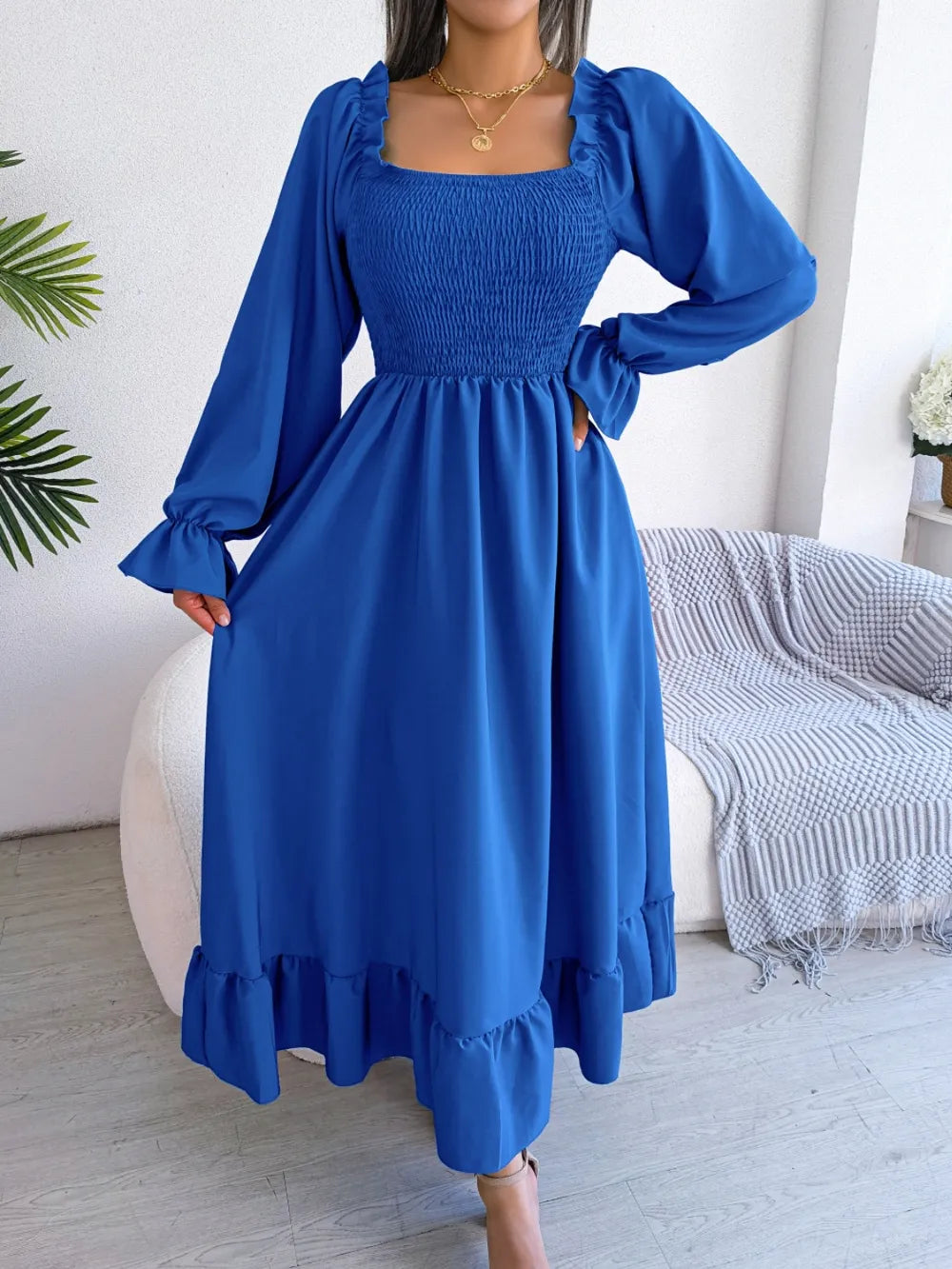 Smocked Square Neck Flounce Sleeve Dress - Korvel