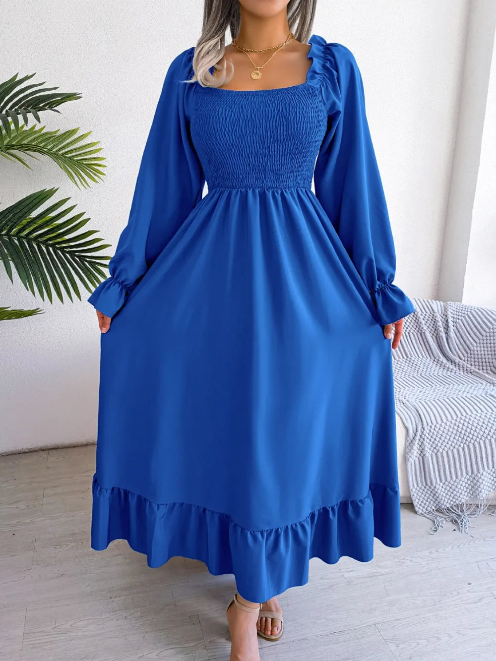 Smocked Square Neck Flounce Sleeve Dress - Korvel