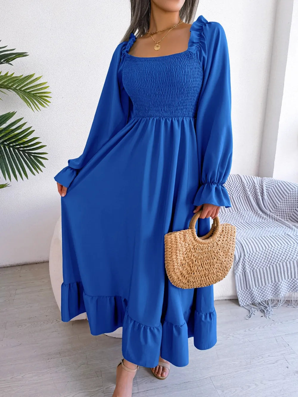 Smocked Square Neck Flounce Sleeve Dress - Korvel