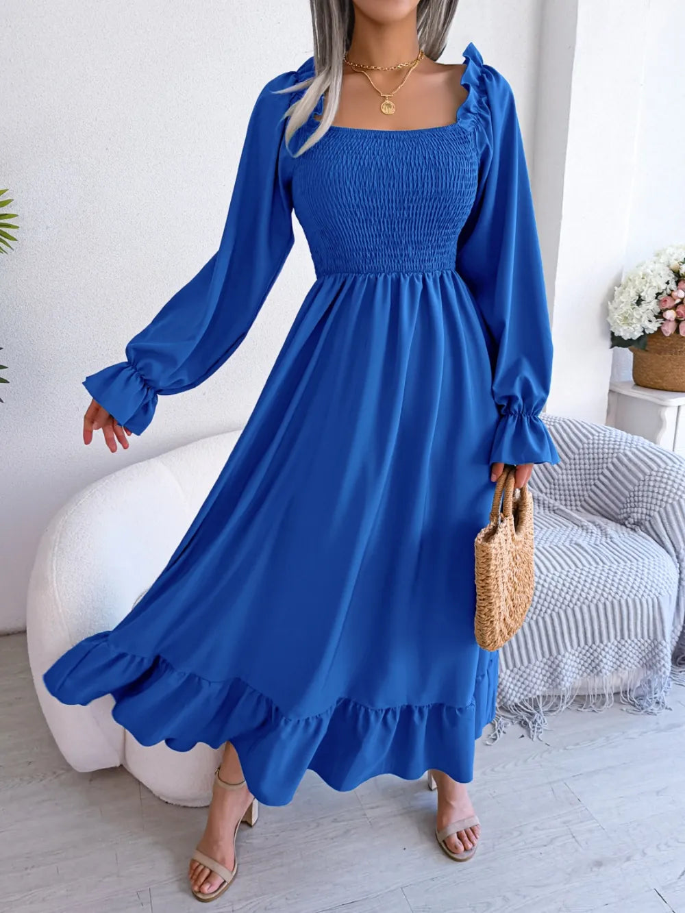 Smocked Square Neck Flounce Sleeve Dress - Korvel