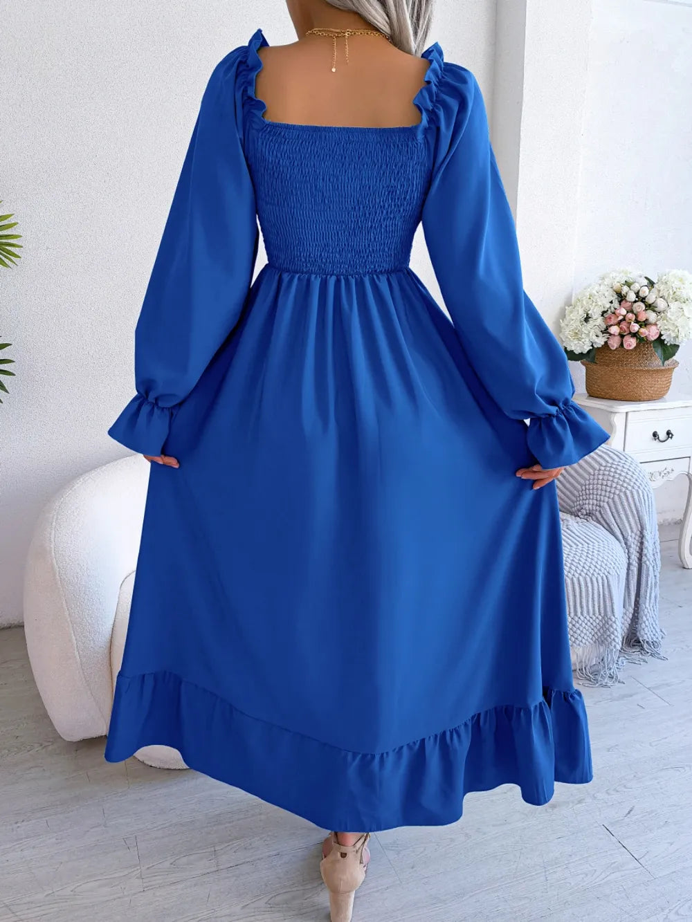 Smocked Square Neck Flounce Sleeve Dress - Korvel