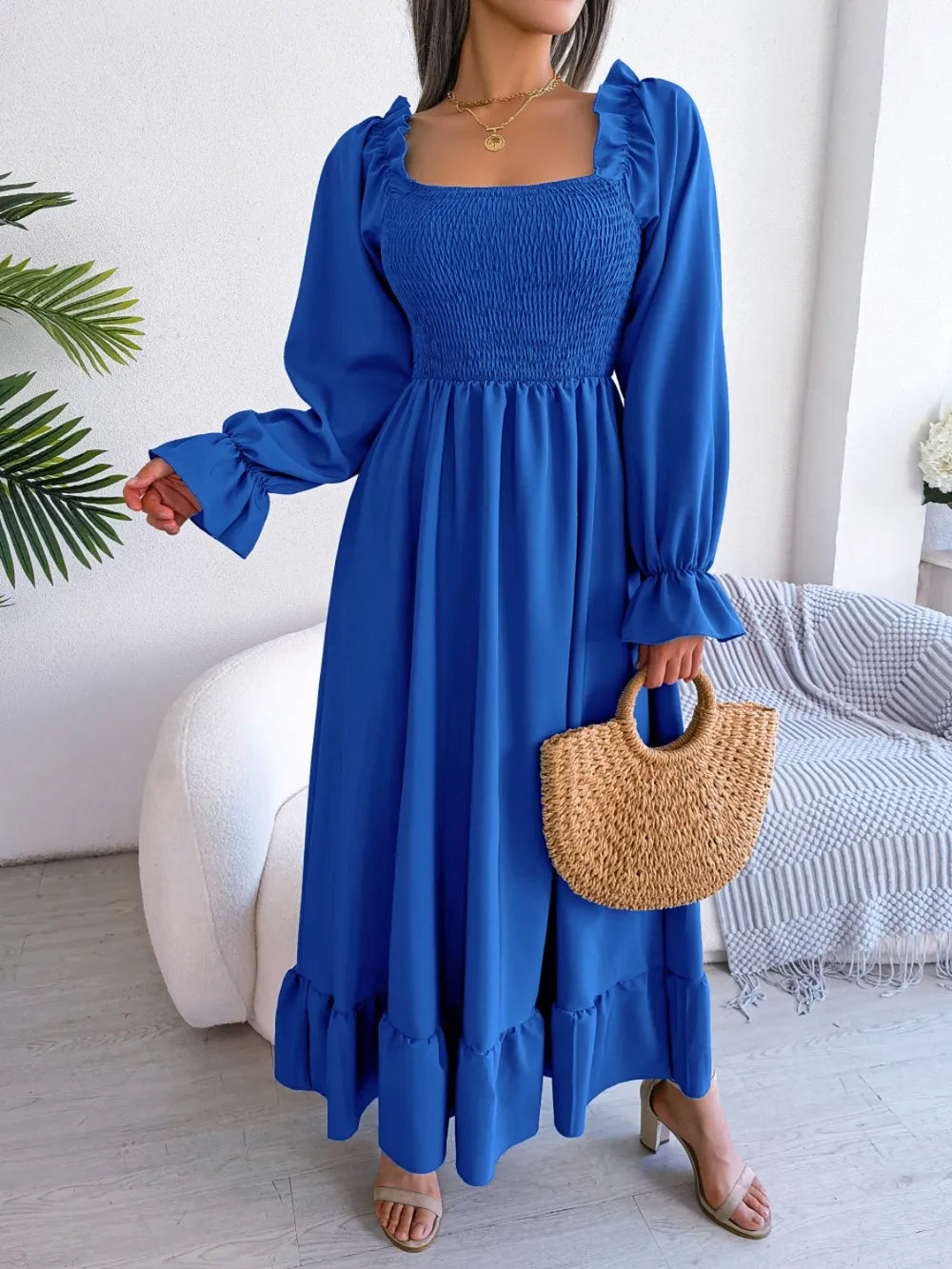 Smocked Square Neck Flounce Sleeve Dress - Korvel