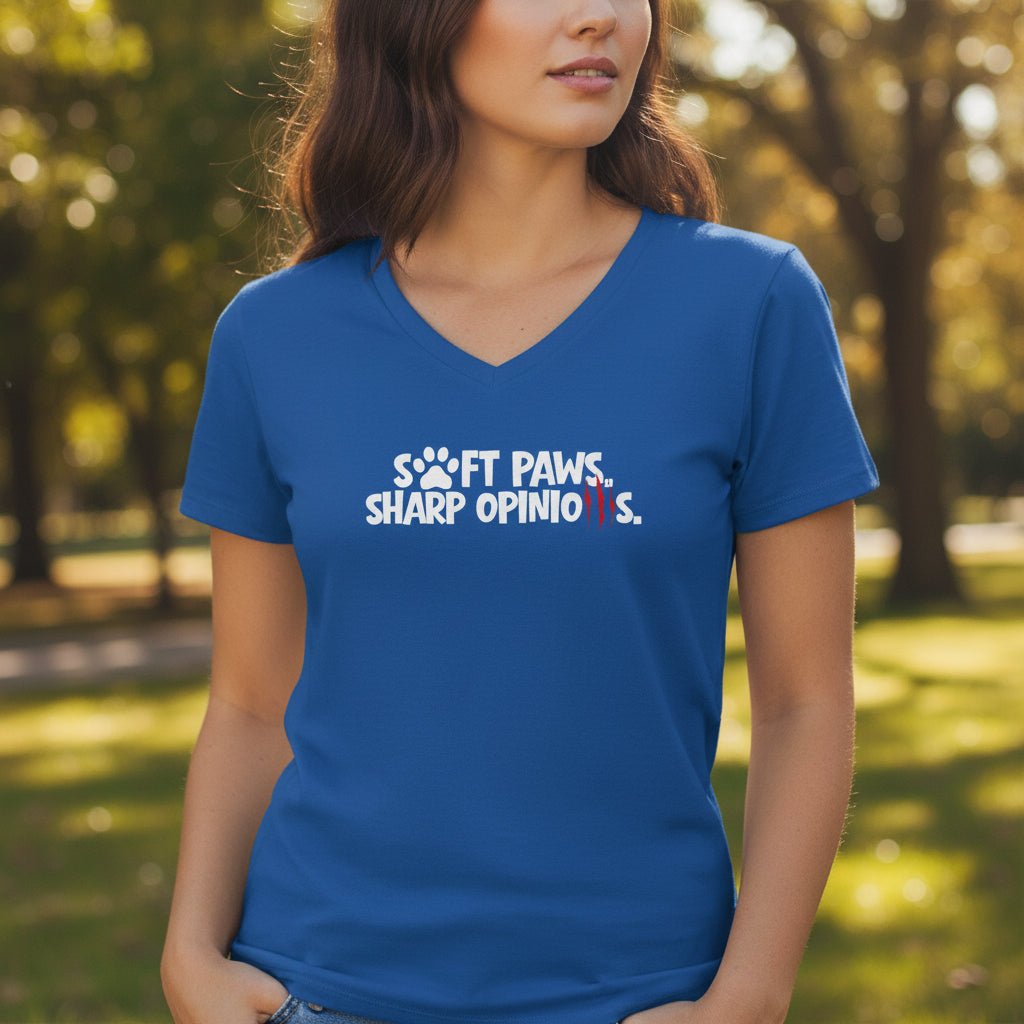 Soft Paws, Sharp Opinions Women’s V-Neck Tee