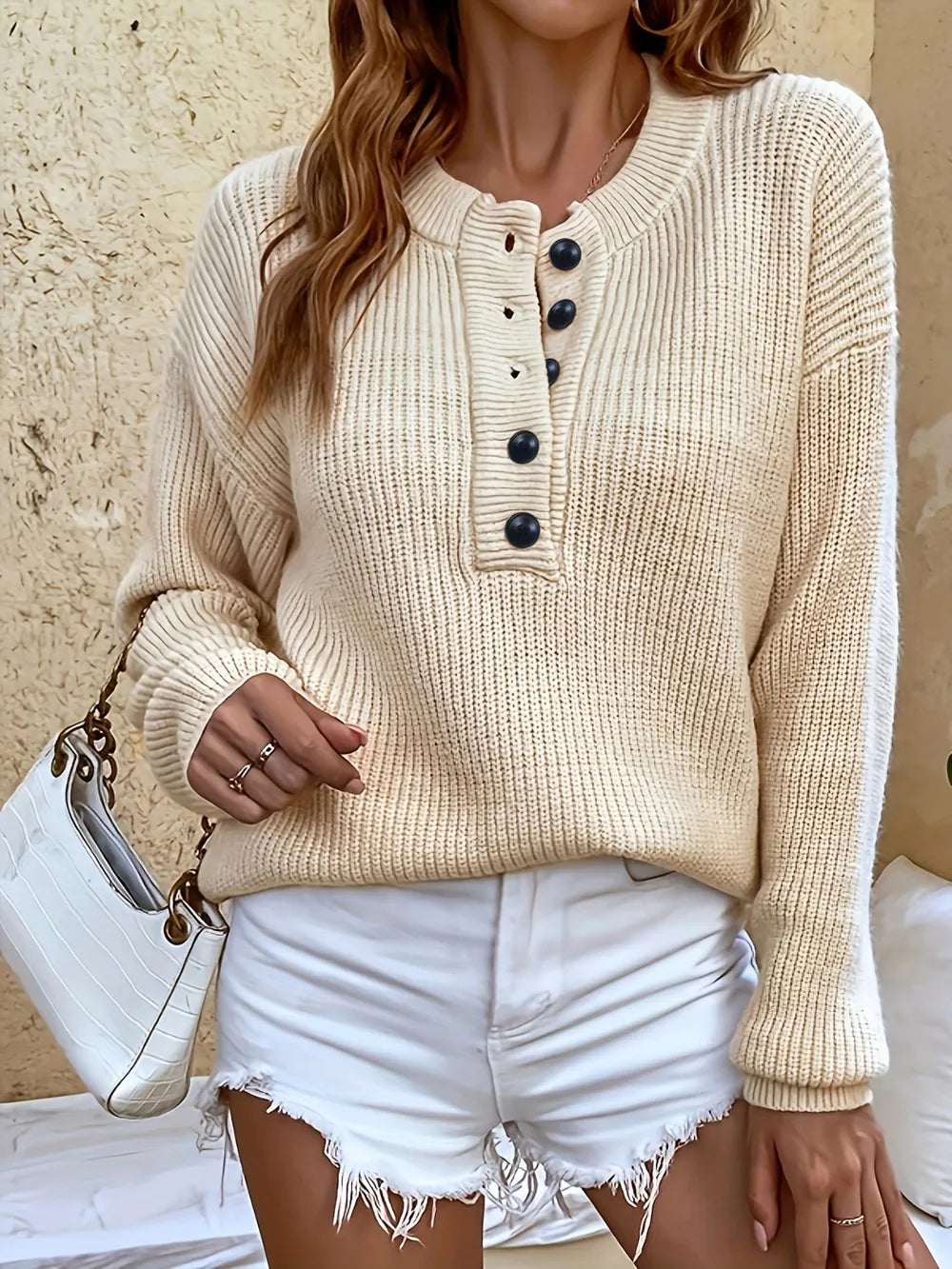 Solid color half cardigan buttoned pullover sweater new casual knit sweater top - Korvel